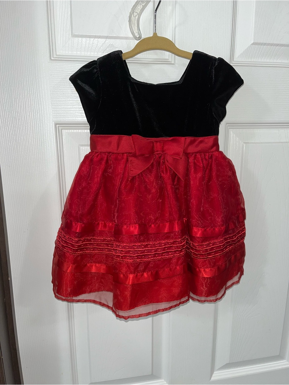 George Black Velvet Bodice with Red Layered Skirt Party Dress